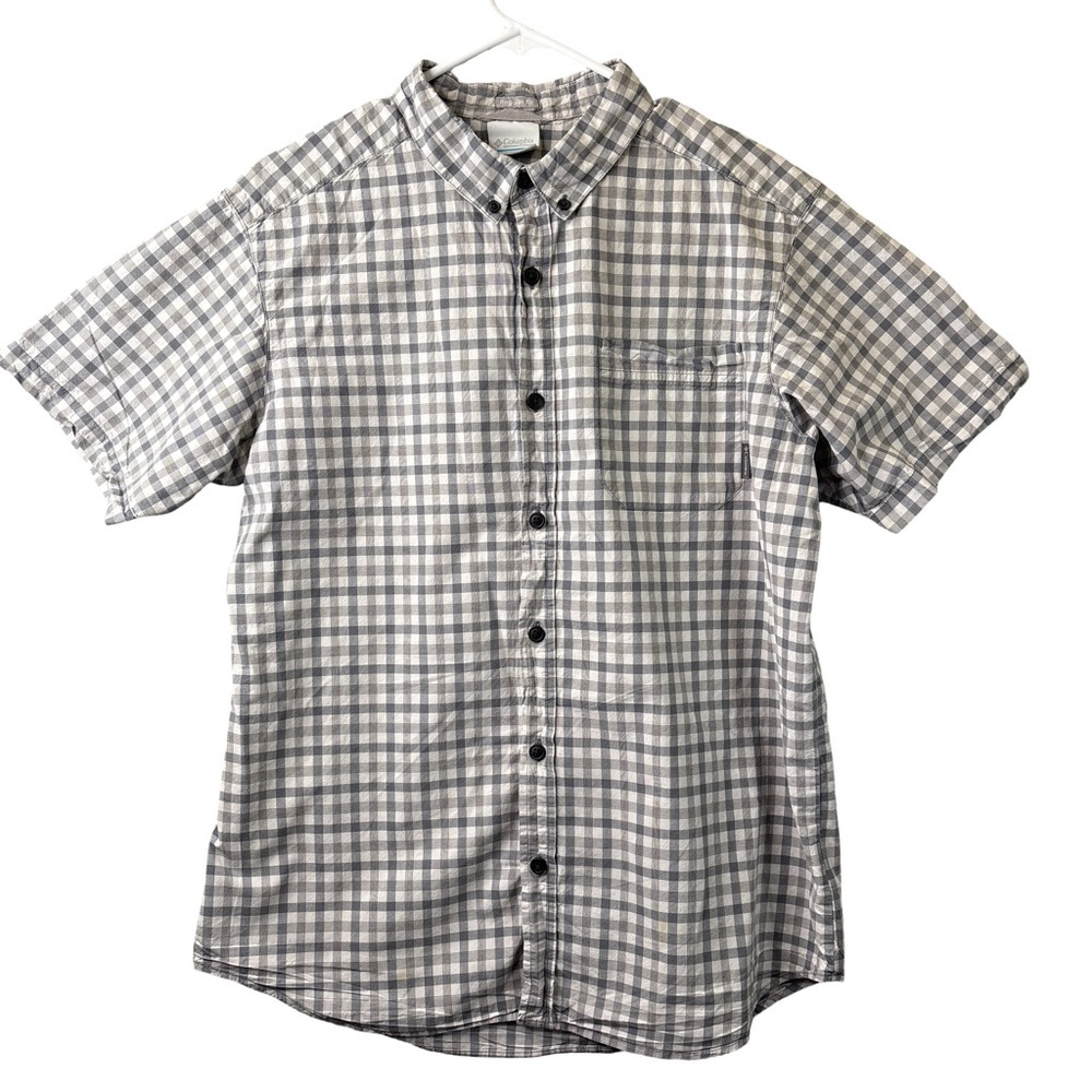 Columbia Men's Gray Checkered Cotton Short Sleeve Button Down Shirt Medium